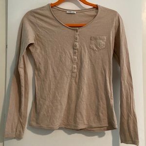 Tan Motivo Cotton Long Sleeve Henley, Size S